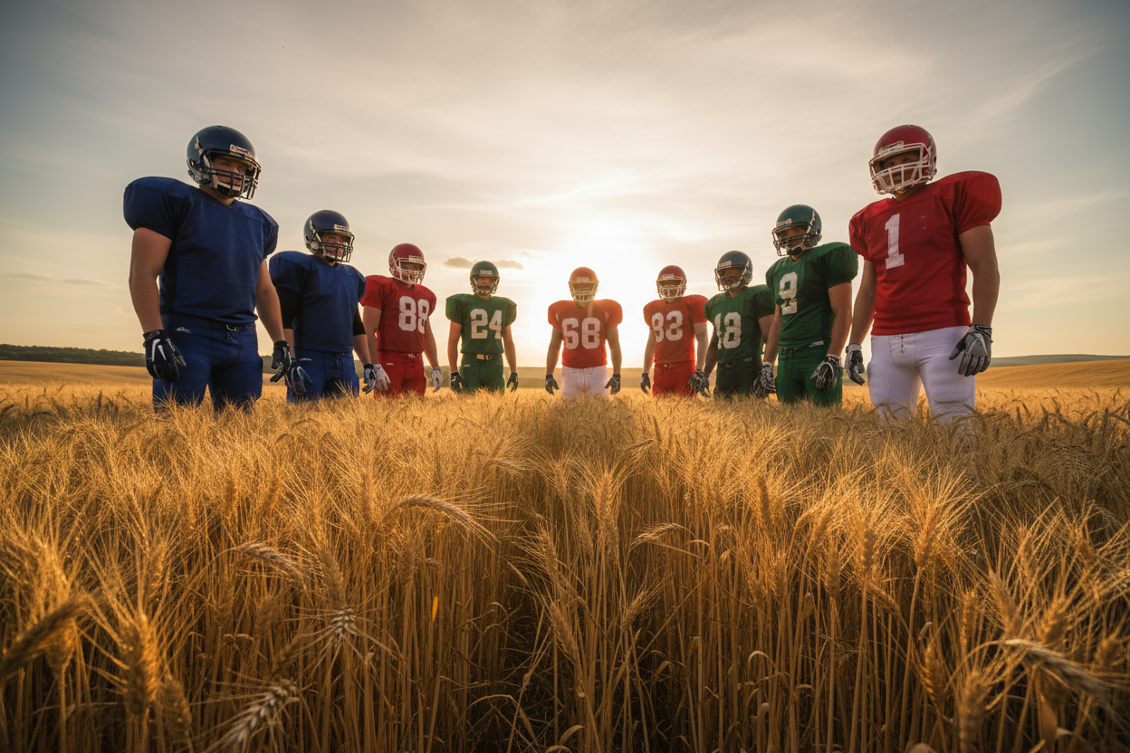 a wheatfield knee down shot of football players